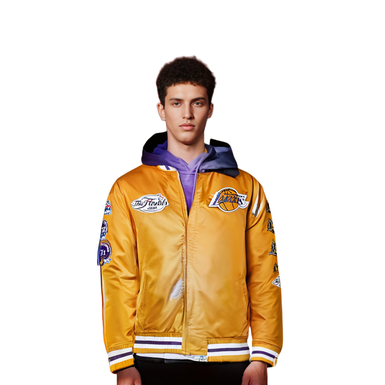 Shop ミッチェル＆ネス レイカーズ 刺繍 レトロ サテンジャケット ユニセックス ゴールド 冬用ボンバー。 OJBF3232-LALYYPPPGOLD