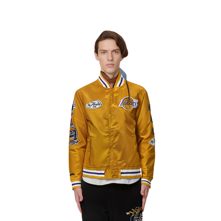 Details for ミッチェル＆ネス レイカーズ 刺繍 レトロ サテンジャケット ユニセックス ゴールド 冬用ボンバー。 OJBF3232-LALYYPPPGOLD