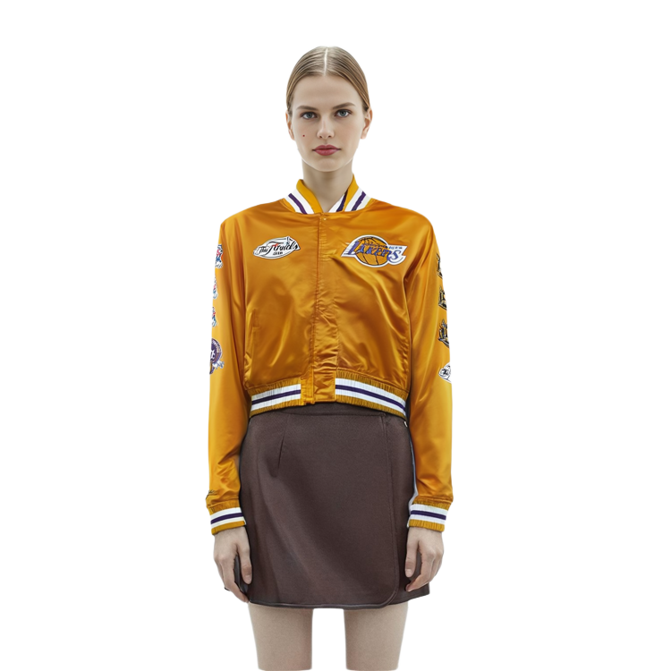 Sizing ミッチェル＆ネス レイカーズ 刺繍 レトロ サテンジャケット ユニセックス ゴールド 冬用ボンバー。 OJBF3232-LALYYPPPGOLD