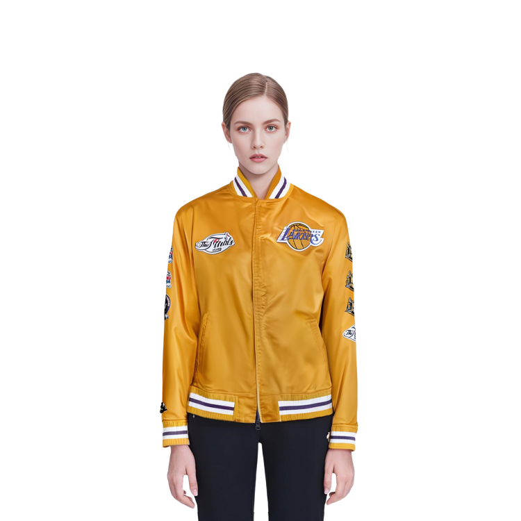 Cheap ミッチェル＆ネス レイカーズ 刺繍 レトロ サテンジャケット ユニセックス ゴールド 冬用ボンバー。 OJBF3232-LALYYPPPGOLD
