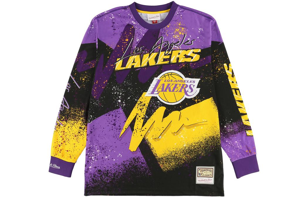 Mitchell Ness Mitchell & Ness Lakers Purple Crewneck Sweatshirt with Colorblock Letter Design TCRW1256-LALDKPR