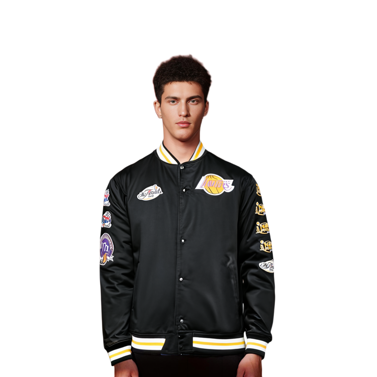Shop ミッチェル＆ネス レイカーズ レトロ刺繍 サテンボンバージャケット ユニセックス - ブラック. OJBF3232-LALYYPPPBLCK