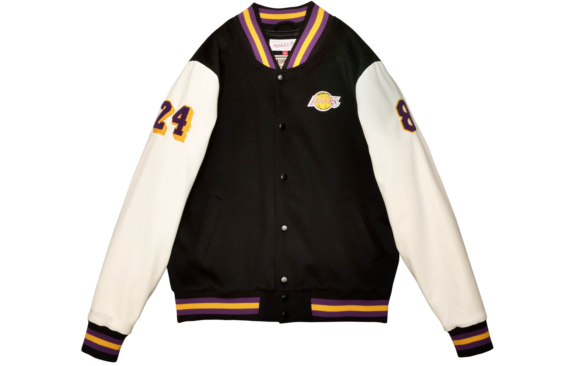 Order Mitchell & Ness Los Angeles Lakers Kobe Patchwork Baseball Jacket Hitam Pria VRJKKM19054-LALBKWHKBR
