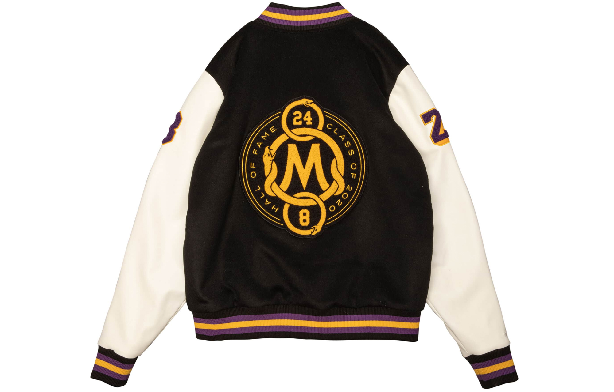 Lookbook Mitchell & Ness Los Angeles Lakers Kobe Patchwork Baseball Jacket Hitam Pria VRJKKM19054-LALBKWHKBR