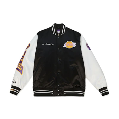 Mitchell Ness Mitchell & Ness NBA Los Angeles Lakers Logo Satin Varsity Jacket Black White Unisex. OJBF4854-LALYYPPPBKWH