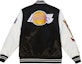 Lookbook Mitchell Ness Mitchell & Ness NBA Los Angeles Lakers Logo Satin Varsity Jacket Black White Unisex. OJBF4854-LALYYPPPBKWH