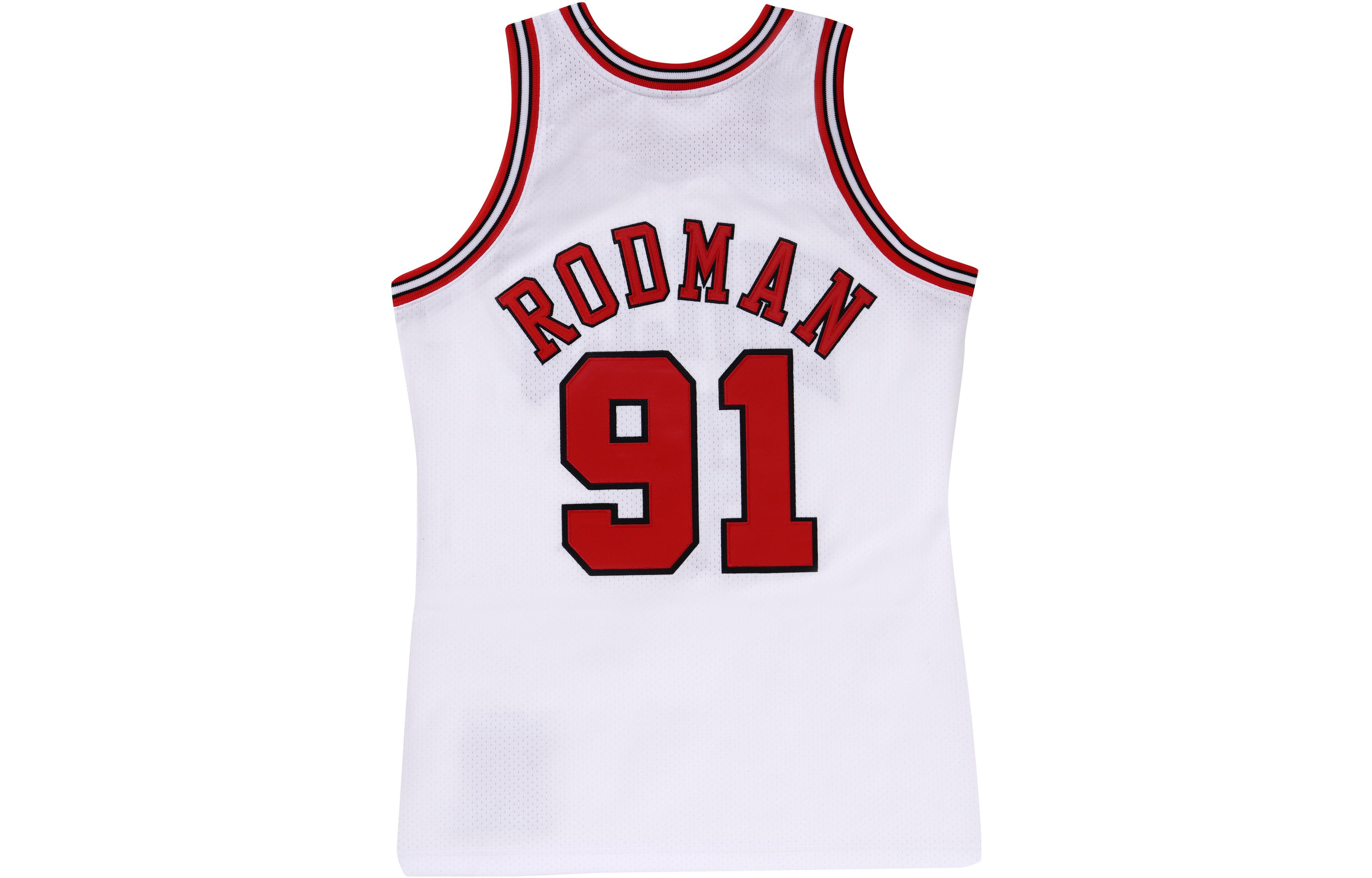 Lookbook 미첼 앤 네스 레트로 저지 97-98 시카고 불스 #91 데니스 로드맨 화이트 유니섹스. AJY44951-CBU97DRDWHIT