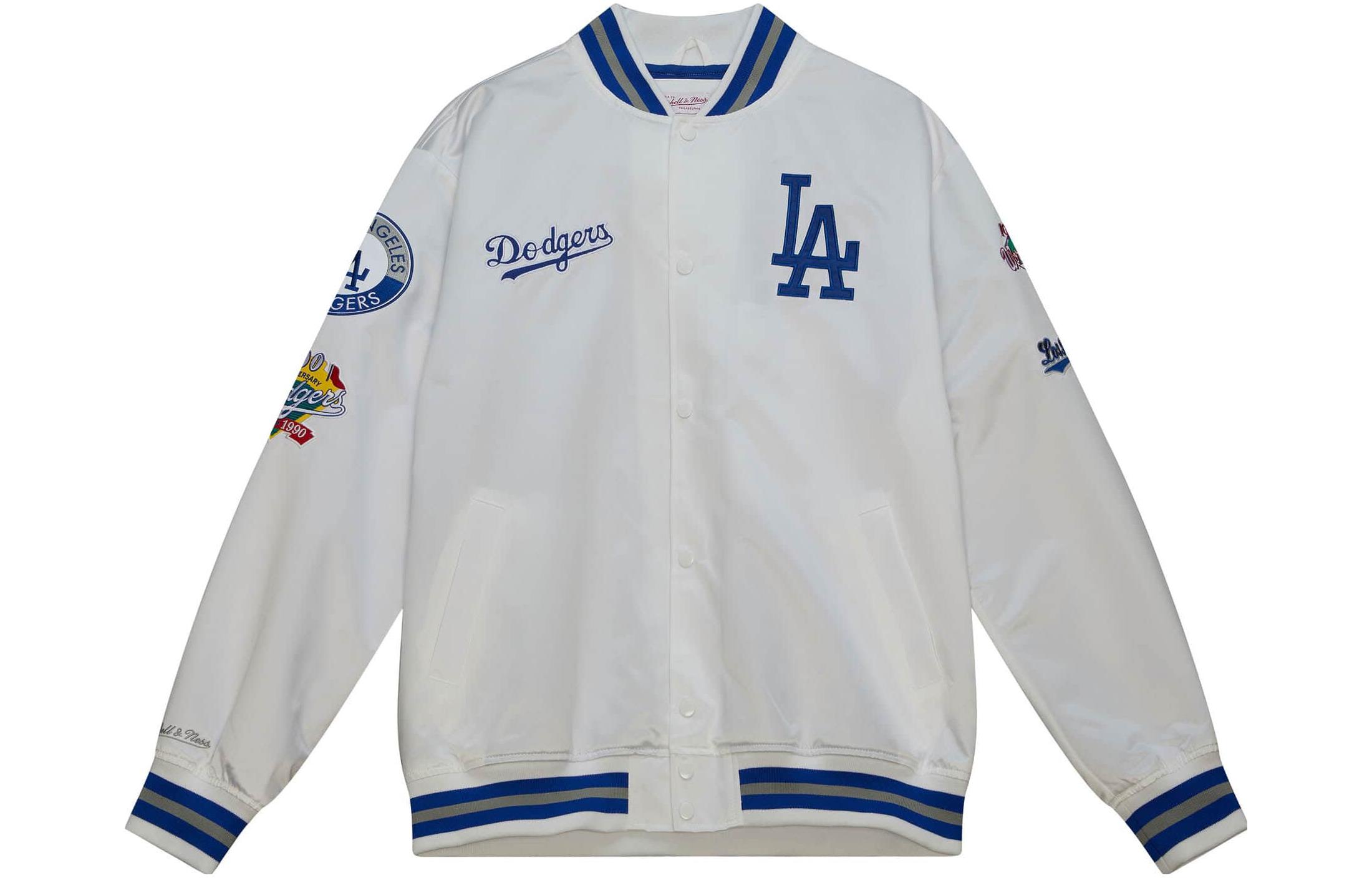 Mitchell Ness Mitchell & Ness White Blue Striped Logo Long-Sleeve Jacket OJBF4992-NYYYYPPPNAVY