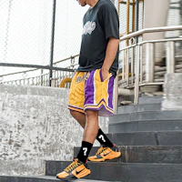 Purchase Mitchell Ness Mitchell & Ness x UZIS Retro Loose-Fit Purple Gold Basketball Shorts Unisex. MUFS01LA