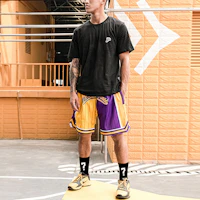 Details for Mitchell Ness Mitchell & Ness x UZIS Retro Loose-Fit Purple Gold Basketball Shorts Unisex. MUFS01LA