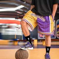 Sizing Mitchell Ness Mitchell & Ness x UZIS Retro Loose-Fit Purple Gold Basketball Shorts Unisex. MUFS01LA