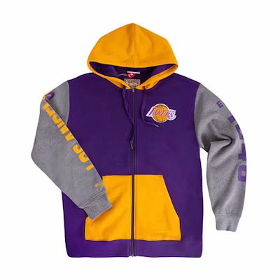 Mitchell Ness NBA Lakers Colorblock Hoodie Winter Thick Jacket Purple Mens FPZP1179-LALYYPPPPURP