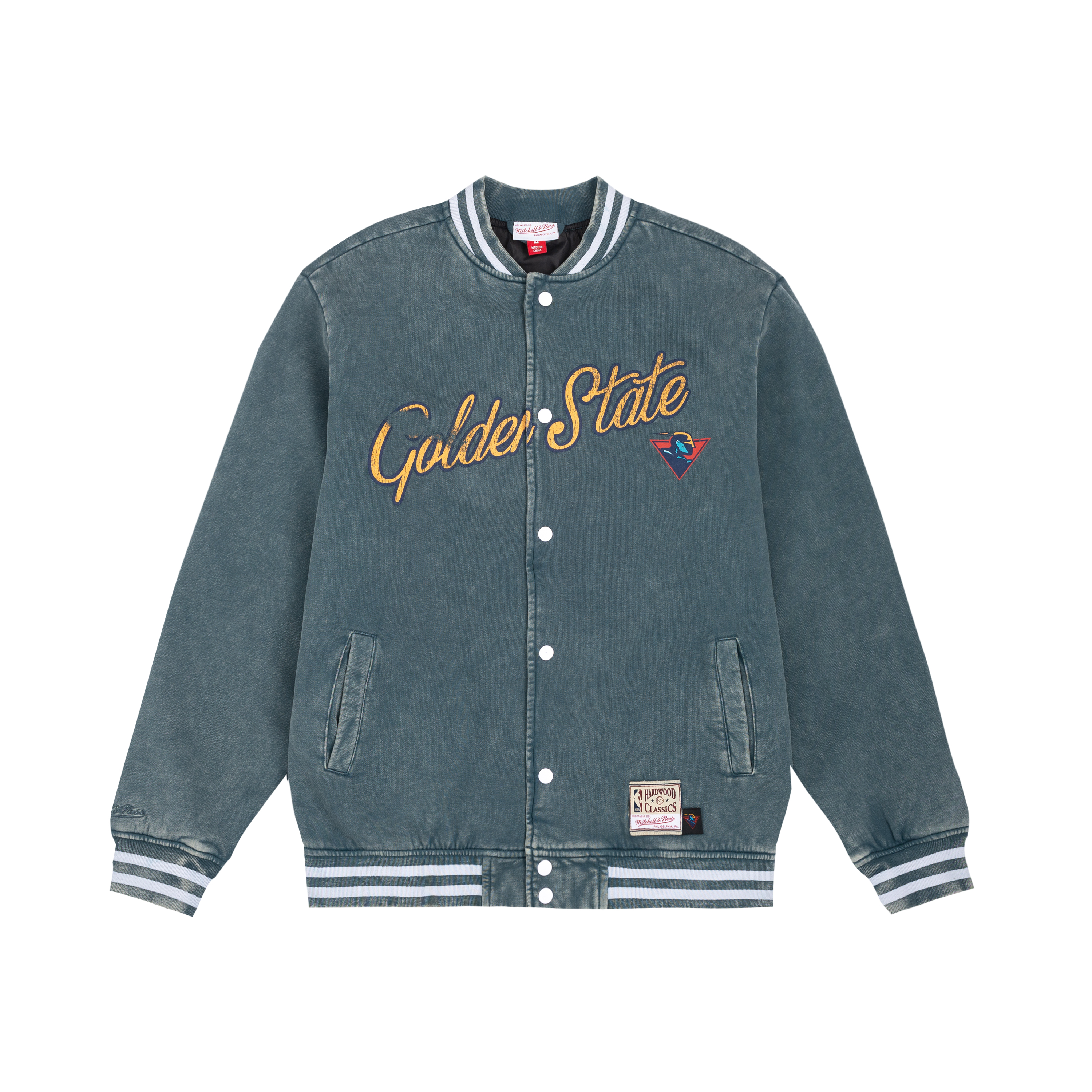 Mitchell Ness NBA Vintage Warriors Big Logo V-Neck Button Jacket Blue Unisex OJBF6801-GSWYYPPPBLUE