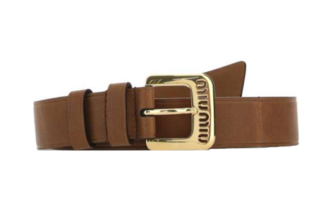 MIU MIU Brown Leather Belt with Letter Print and Metal Buckle, 3cm Wide. 5CC545EFXF0316