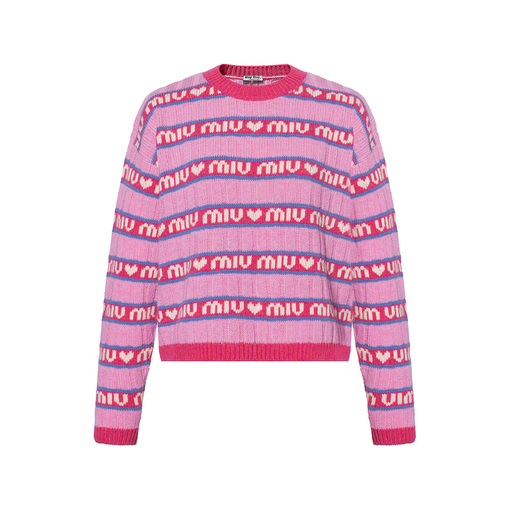 MIU MIU FW21 Pink Striped Logo Lambswool Knit Sweater Unisex. MML427-1RR1-F0028