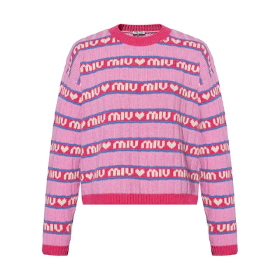 MIU MIU FW21 Pink Striped Logo Lambswool Knit Sweater Unisex. MML427-1RR1-F0028