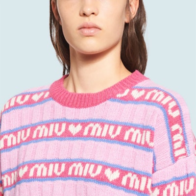 MIU MIU 2021秋冬粉色条纹徽标羊毛针织衫男女同款。 MML427-1RR1-F0028 4