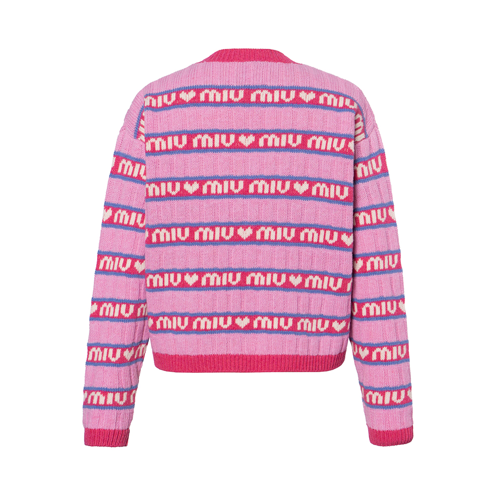 Lookbook MIU MIU 2021秋冬粉色条纹徽标羊毛针织衫男女同款。 MML427-1RR1-F0028