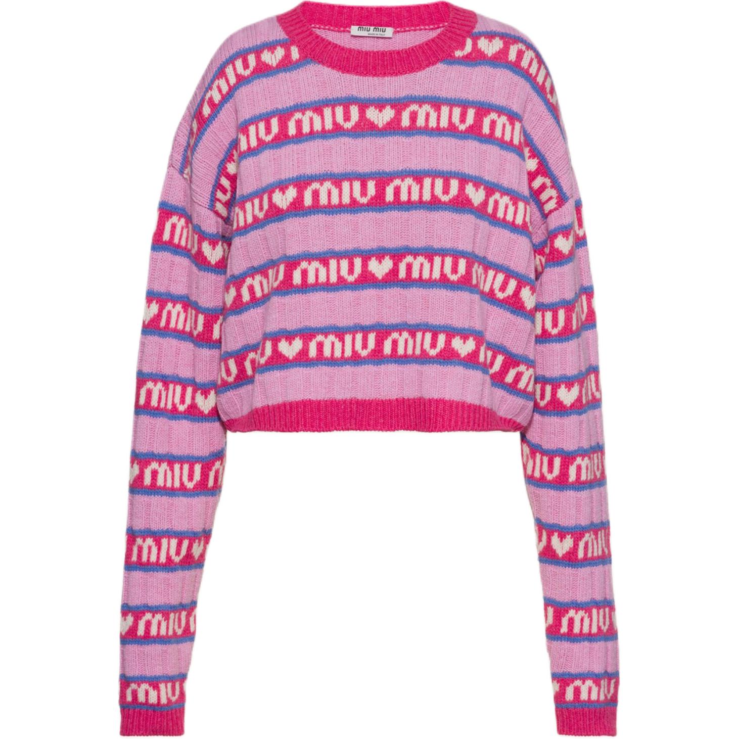 Shop MIU MIU 2021秋冬粉色条纹徽标羊毛针织衫男女同款。 MML427-1RR1-F0028