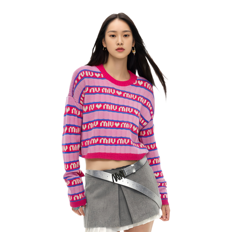 Purchase MIU MIU 2021秋冬粉色条纹徽标羊毛针织衫男女同款。 MML427-1RR1-F0028