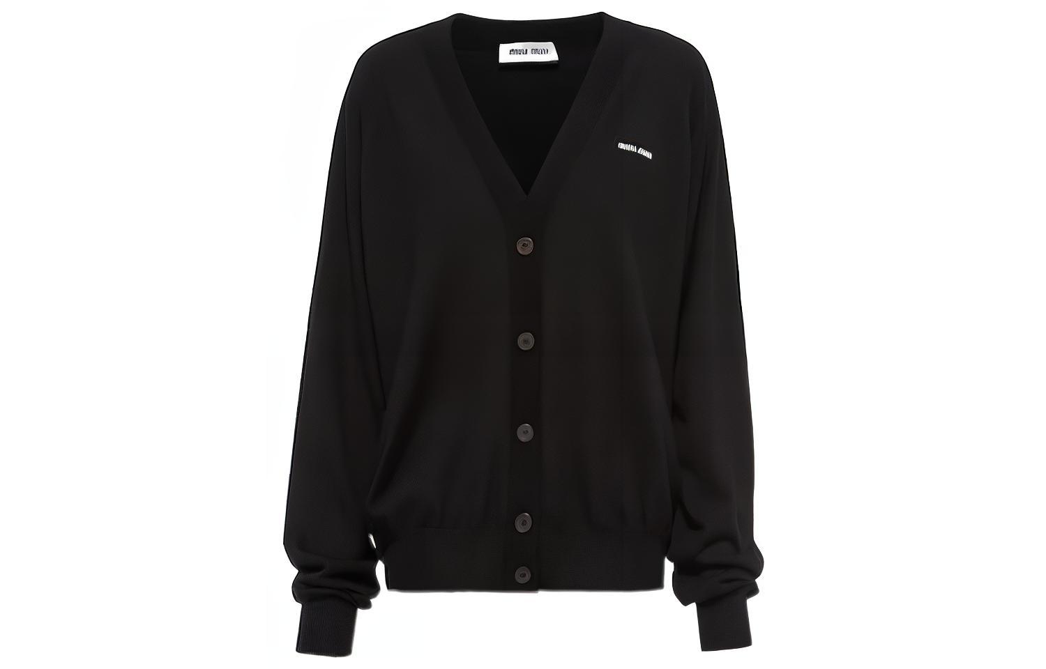MIU MIU FW22 Black V-Neck Logo Knit Cardigan Unisex Cashmere Sweater. MMF706-12PZ-F0002