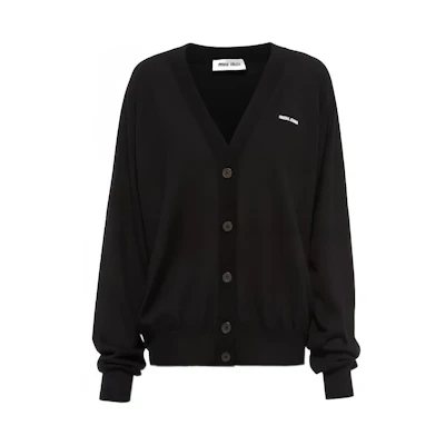 MIU MIU FW22 Black V-Neck Logo Knit Cardigan Unisex Cashmere Sweater. MMF706-12PZ-F0002