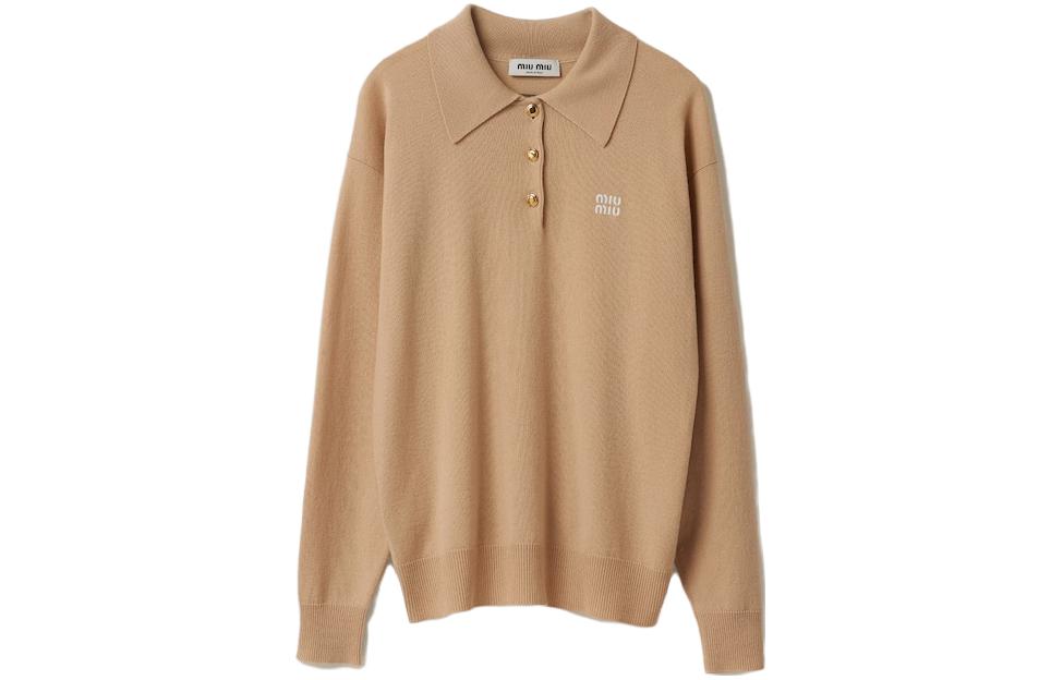 MIU MIU FW23 Logo Embroidered Button-Up Long Sleeve Polo Unisex Snow White. MML812-13KZ-F0627-S-232