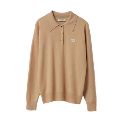 MIU MIU FW23 Logo Embroidered Button-Up Long Sleeve Polo Unisex Snow White. MML812-13KZ-F0627-S-232