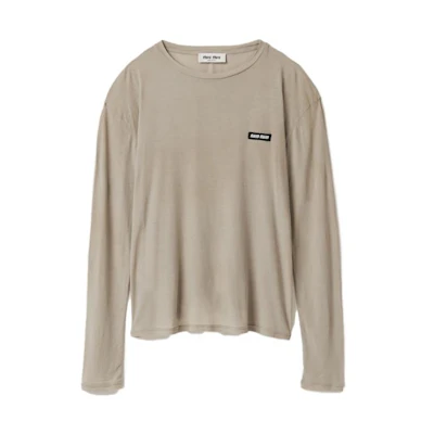 MIU MIU Logo Patch Knit Crewneck Long Sleeve Oversized Tee Grey SS23 Unisex. MJL939-121U-F0D32-S-231