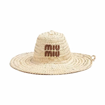 MIU MIU Logo Raffia Straw Beige Bucket Hat 5HC3512DDH