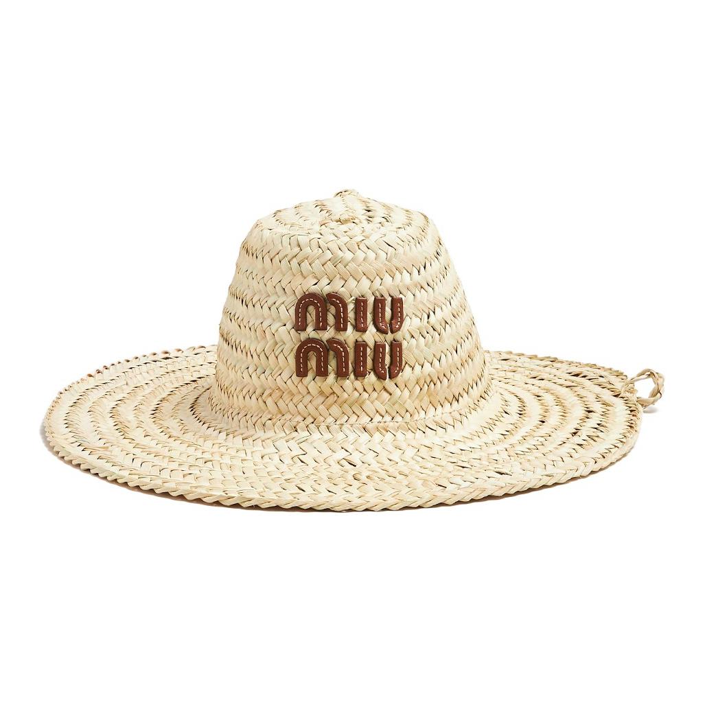 Order MIU MIU Logo Raffia Straw Beige  Bucket Hat 5HC3512DDH