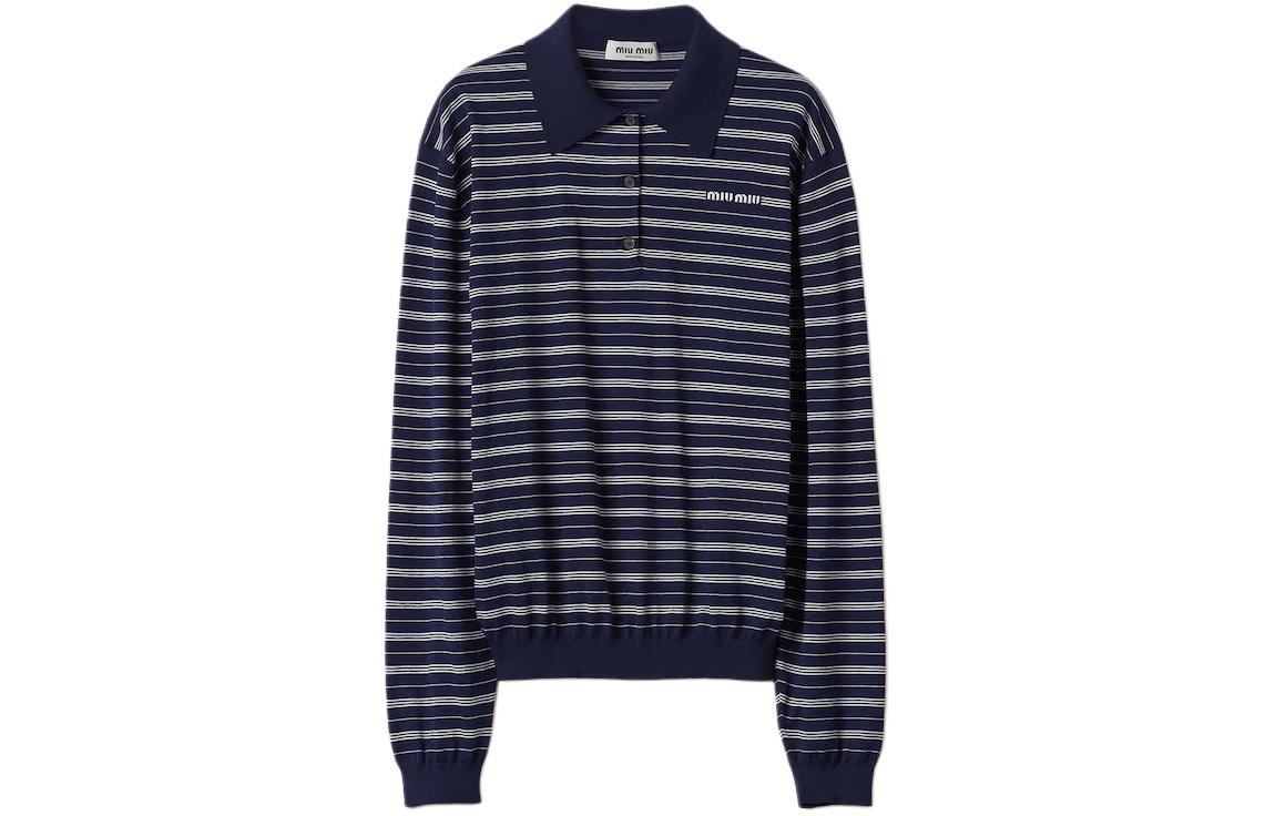 MIU MIU Logo Striped Knit Long Sleeve Polo Shirt Unisex Blue MML951-140V-F0008-S-OOO
