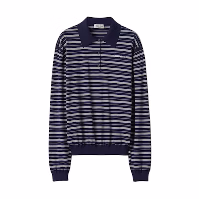 MIU MIU Logo Striped Knit Long Sleeve Polo Shirt Unisex Blue MML951-140V-F0008-S-OOO