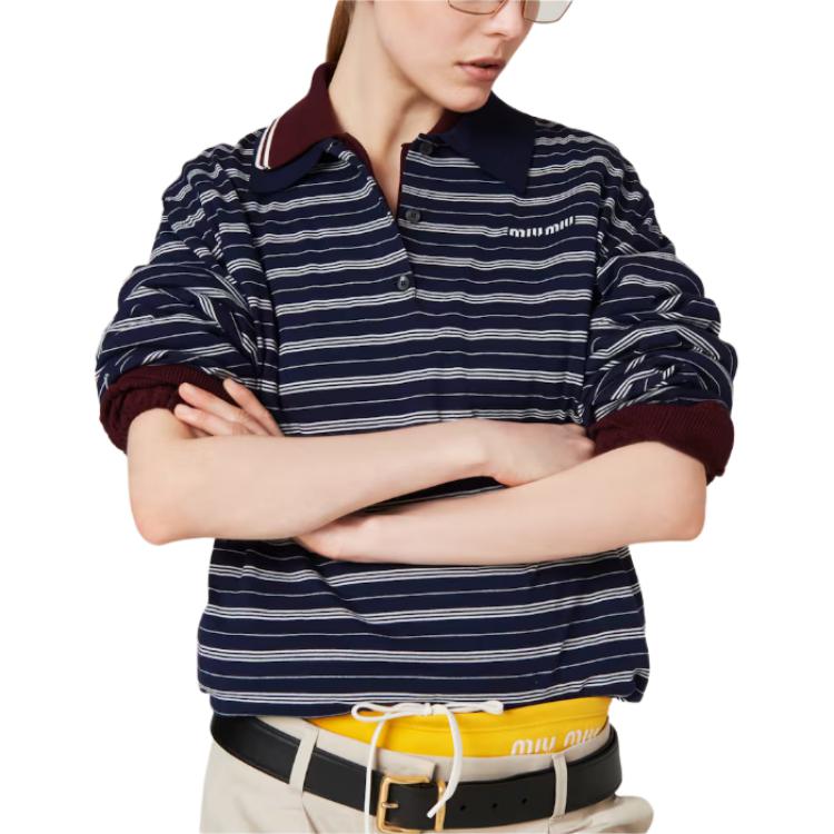 Shop MIU MIU Baju Polo Jalur Logo Lengan Panjang Unisex Biru MML951-140V-F0008-S-OOO