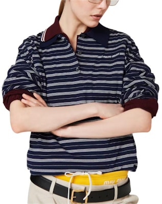 MIU MIU Baju Polo Jalur Logo Lengan Panjang Unisex Biru MML951-140V-F0008-S-OOO Shop MIU MIU Baju Polo Jalur Logo Lengan Panjang Unisex Biru MML951-140V-F0008-S-OOO