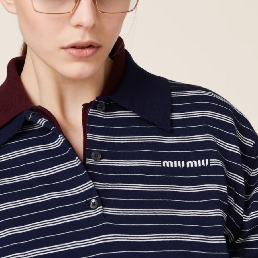 Details for MIU MIU Baju Polo Jalur Logo Lengan Panjang Unisex Biru MML951-140V-F0008-S-OOO