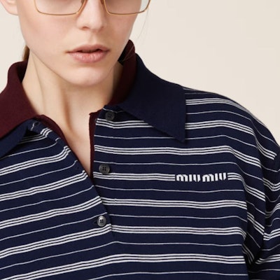 MIU MIU Baju Polo Jalur Logo Lengan Panjang Unisex Biru MML951-140V-F0008-S-OOO Details for MIU MIU Baju Polo Jalur Logo Lengan Panjang Unisex Biru MML951-140V-F0008-S-OOO