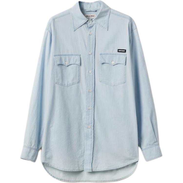 MIU MIU Washed Logo Patch Long Sleeve Shirt Unisex Light Blue. GWC120-14UT-F0076-S-OOO