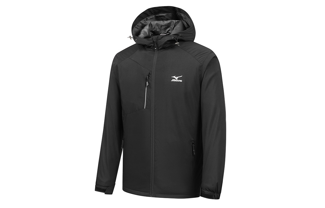 Lookbook Chaqueta Cortavientos Unisex Mizuno con Logo Impreso y Capucha con Cremallera A2CC2708