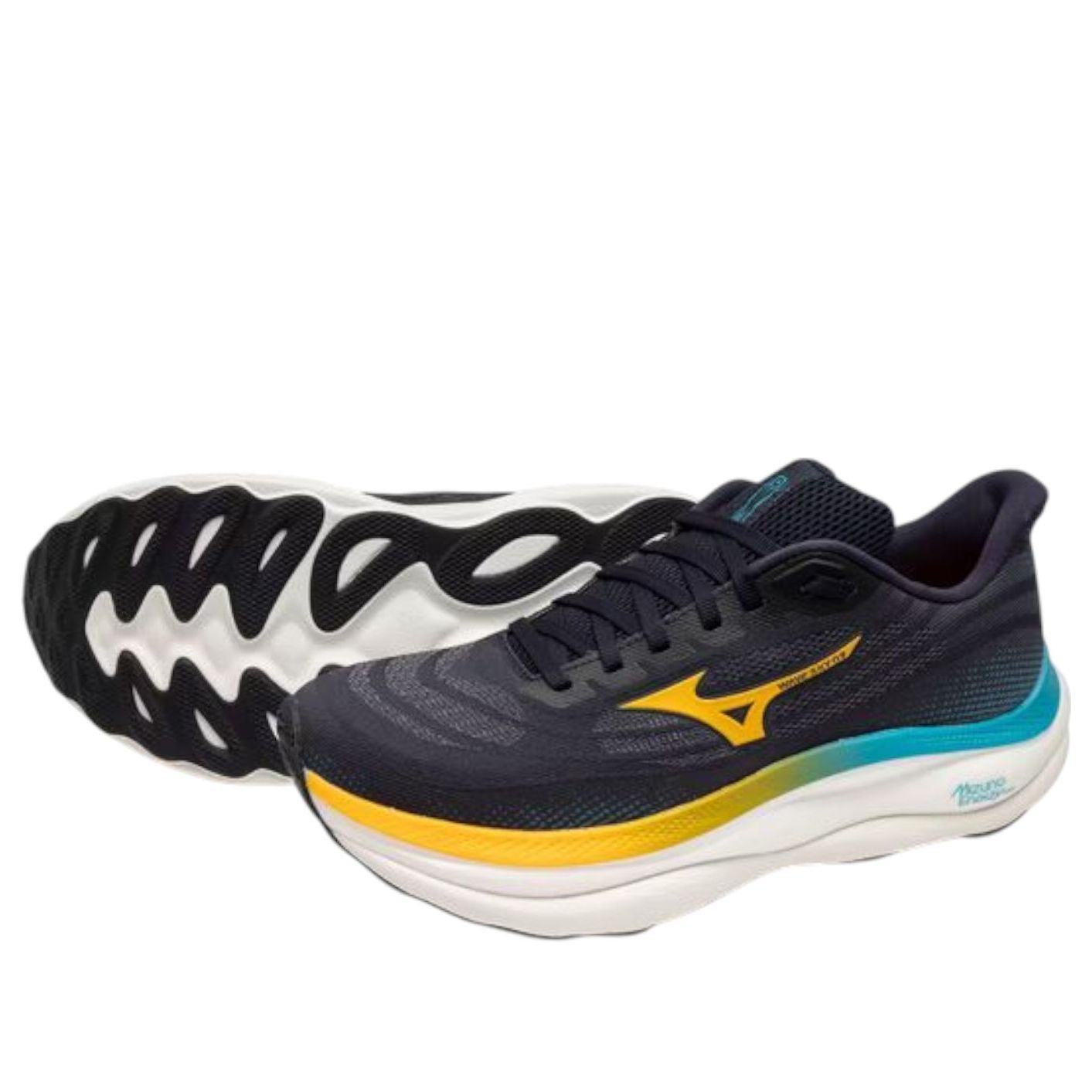 Lookbook Mizuno Wave Sky 9 ''Baritone Blue Citrus'' Lelaki Kasut Lari. J1GC250201