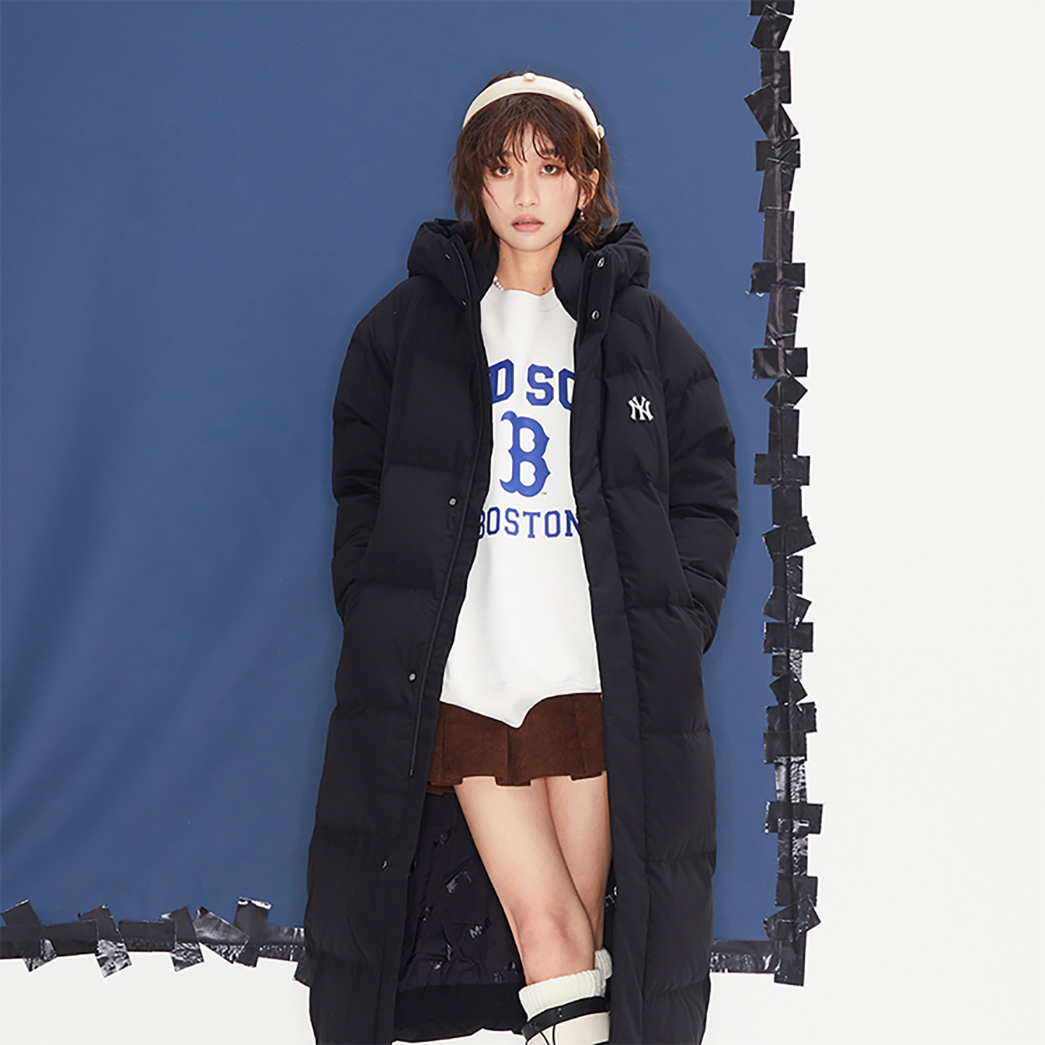 Details for MLB 23FW New York Yankees Letter Logo Embroidered Long Puffer Jacket Black Unisex 3ADJB1436-50BKS