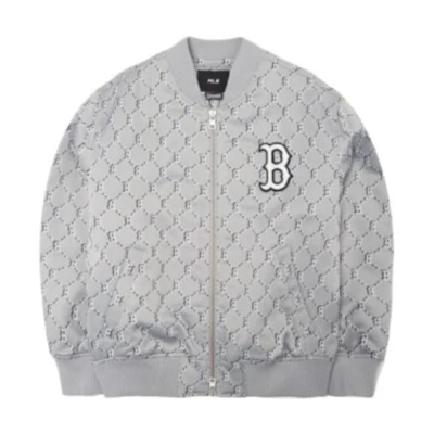 MLB Grey Plaid Logo Print Zip-Up Jacket. 3AJPM0121-43MGS