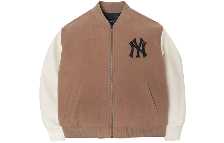 MLB Basic Logo Embroidered Retro Baseball Jacket Khaki Unisex Couples Style. 3AJP12016-50BGD