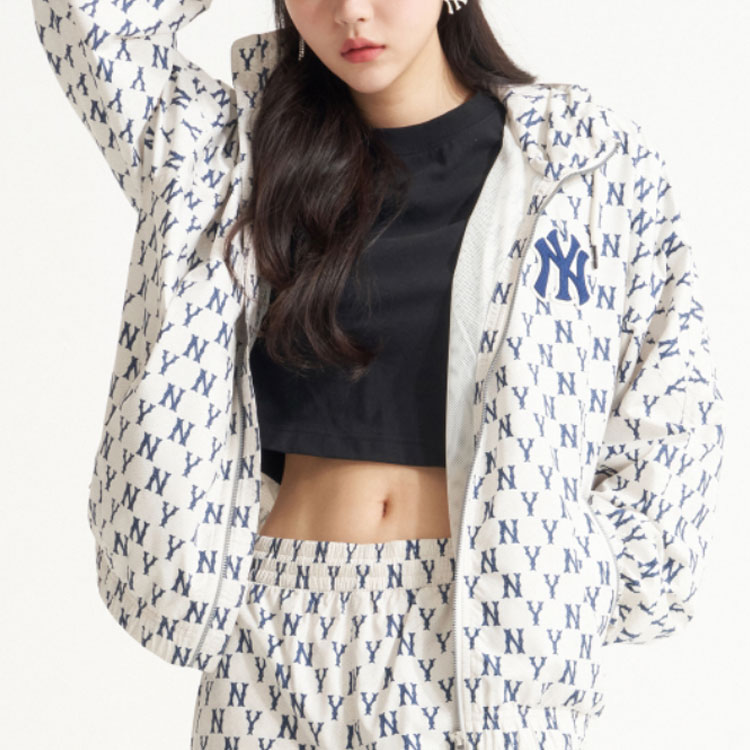 Shop MLB Basic Logo New York Yankees All-Over Print Hoodie Jacket Cream Unisex. 3AWJM0121-50CRS