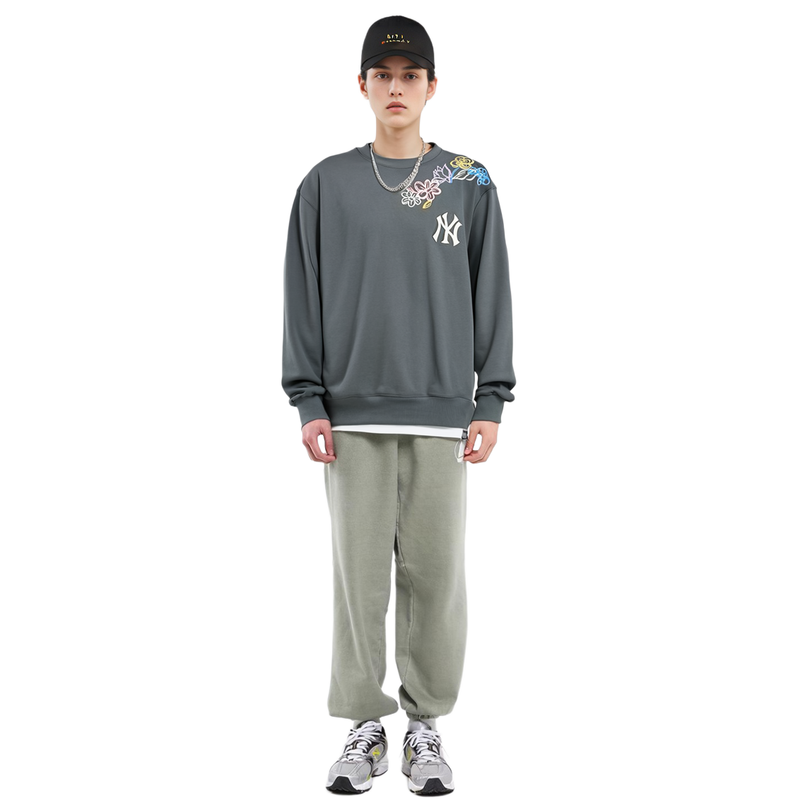 MLB Basic Logo New York Yankees Cartoon Print Crewneck Sweatshirt Grey Unisex 3AMTG0214-50CGS 圖 4