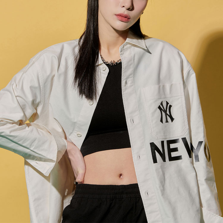 Shop MLB Basic Logo New York Yankees Letter Print Cream Long Sleeve Shirt Unisex 3AWS00121-50CRS