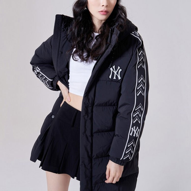 Shop MLB 經典標誌紐約洋基連帽長版羽絨外套 男女款 黑色 3ADJJ0516-50BKS