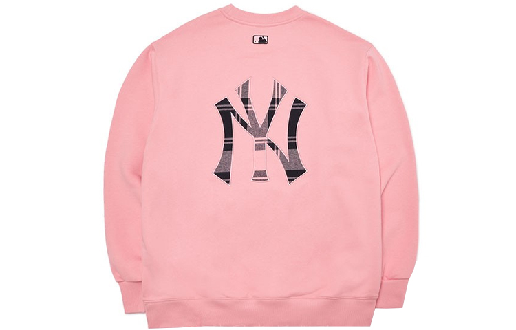 MLB Basic Logo New York Yankees Plaid Crewneck Sweatshirt Unisex Pink 3AMTC0114-50PKS