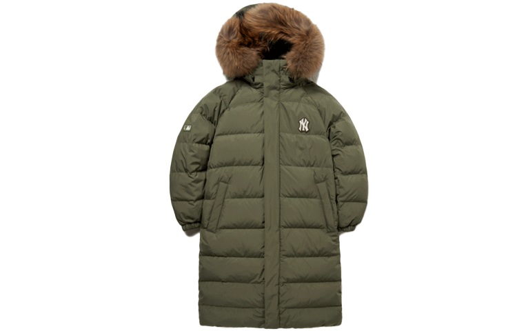 MLB Basic Logo NY Yankees Long Green Down Parka Unisex with Fur Hood Back Logo 3ADJJ0316-50KAS