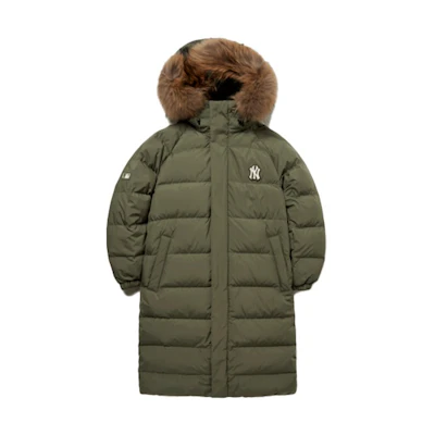 MLB Basic Logo NY Yankees Long Green Down Parka Unisex with Fur Hood Back Logo 3ADJJ0316-50KAS